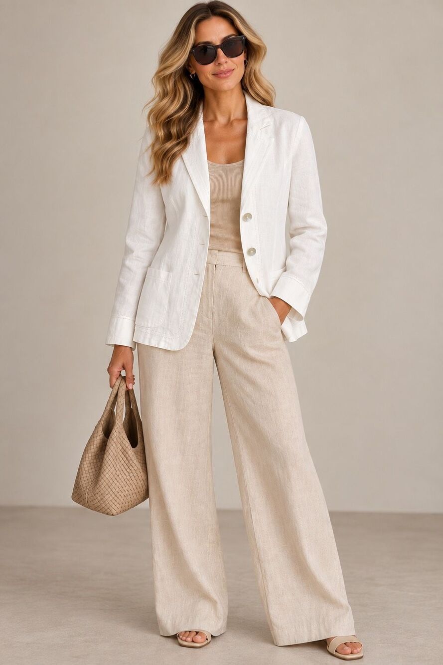 Elegance 100% Linen White Blazer Jacket Size L Rare German Brand